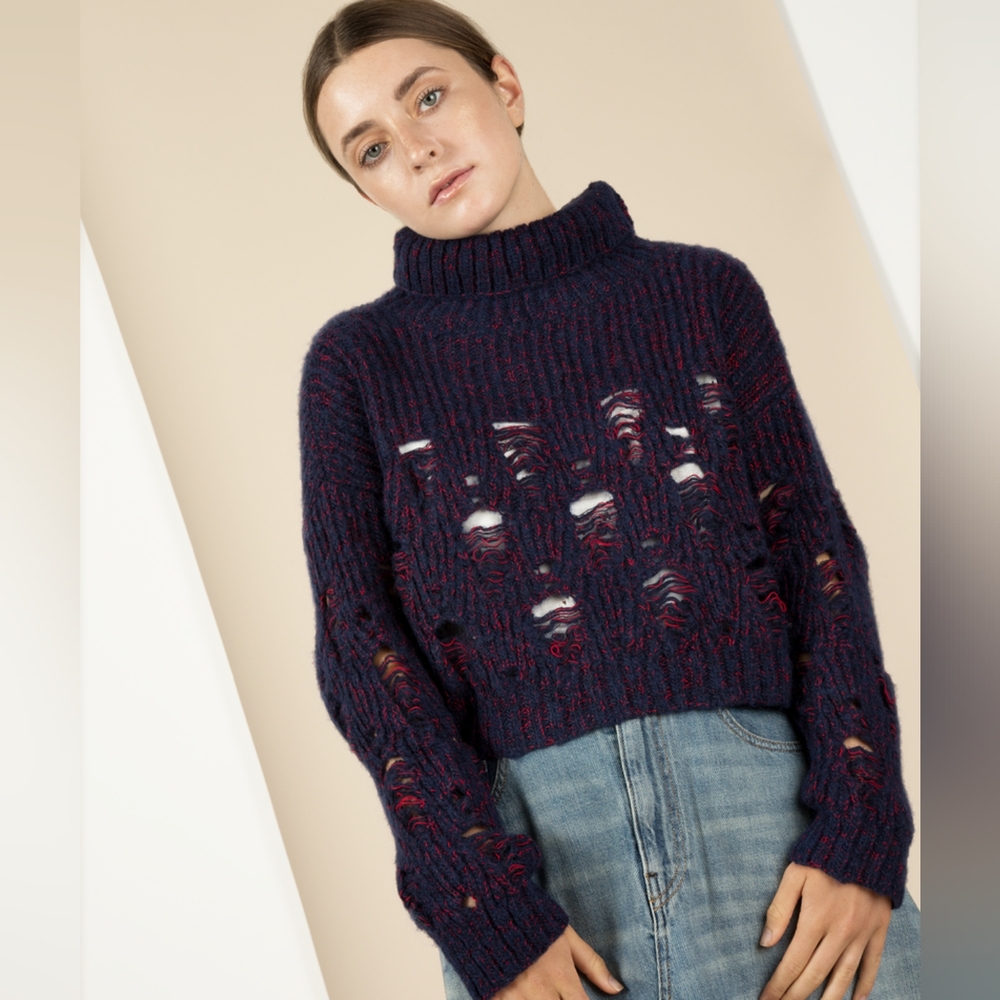 Rachel Comey Tigris Deconstructed Destroyed Mock Neck Cropped Sweater Navy Sz M